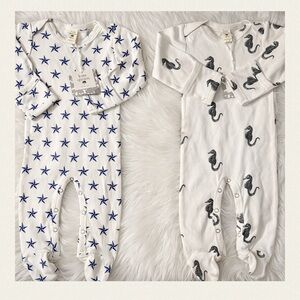 NWT TWO Kate Quinn Organic cotton Footies. Blue Stars and Seahorses 6-9